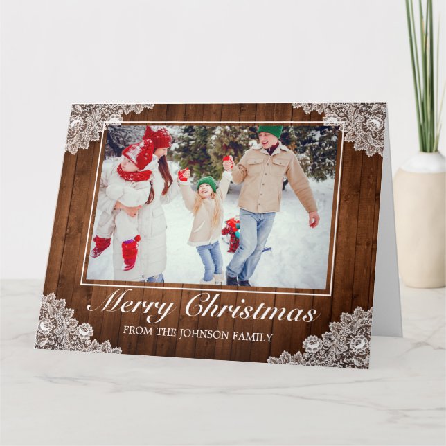 Rustic Wood & Lace Photo Merry Christmas Greeting Card (Front)