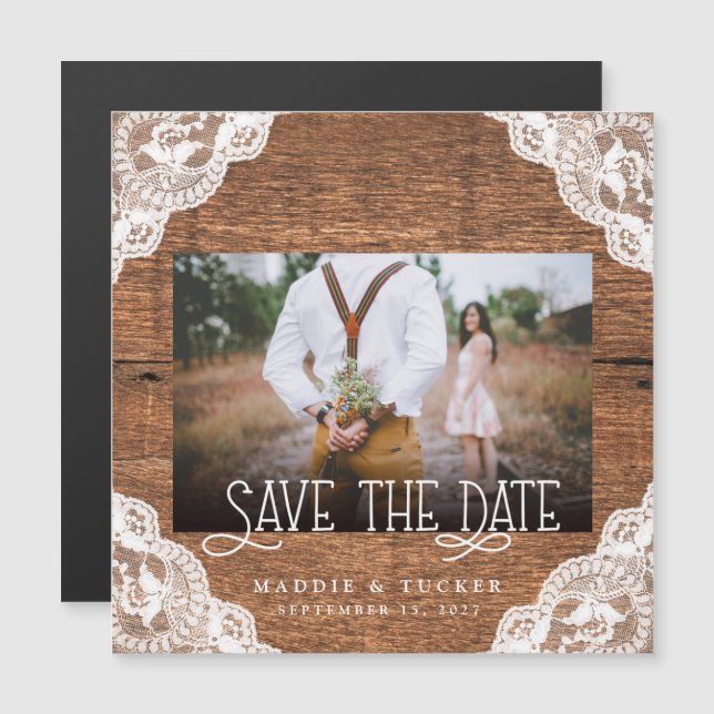 Rustic Wood Lace Photo Save the Date Magnet (Front/Back)