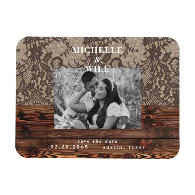 Rustic Wood & Lace Photo Save the Date  Magnet (Horizontal)