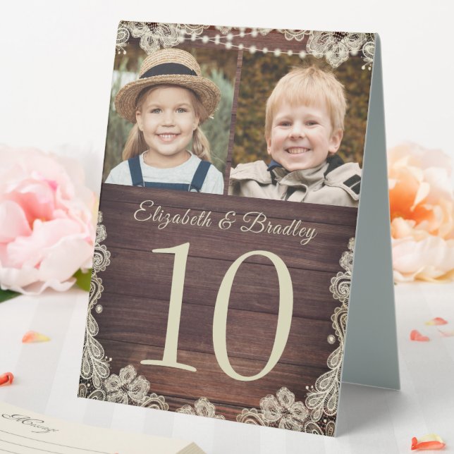 Rustic Wood Lace Photo Wedding Table Number Sign (In SItu (Wedding))