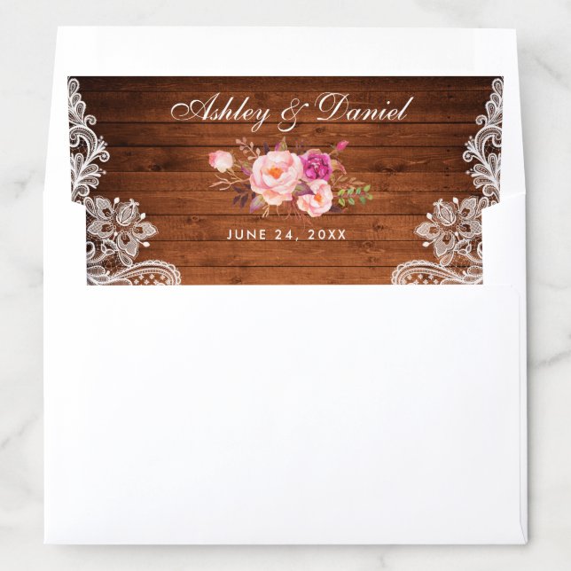 Rustic Wood Lace Pink Blush Floral Wedding Envelope Liner (In Envelope)