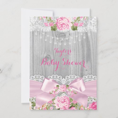 Rustic Wood Lace Pink Floral Baby Shower 2 Invitation