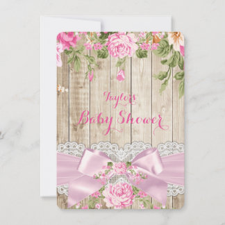 Rustic Wood Lace Pink Floral Baby Shower Invitation
