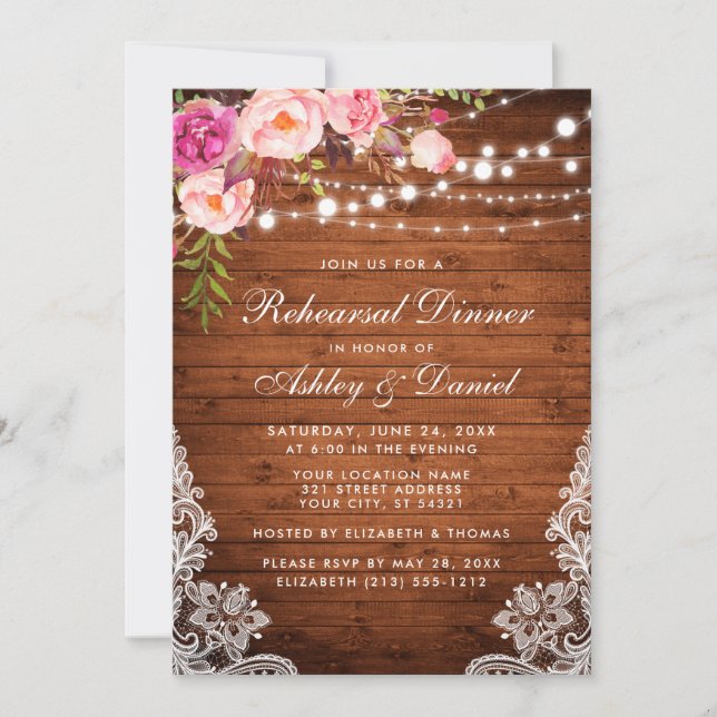 Rustic Wood Lace Pink Floral Rehearsal Dinner Invitation (Front)