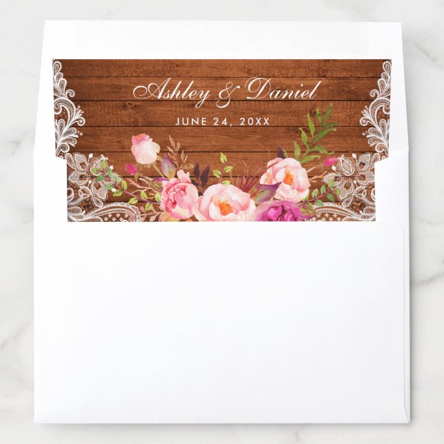Rustic Wood Lace Pink Floral Wedding Envelope Liner (In Envelope)