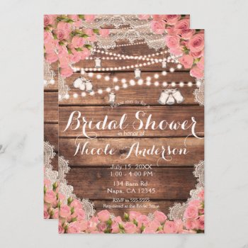 Rustic Wood Lace Pink Roses Elegant Bridal Shower Invitation by printabledigidesigns at Zazzle