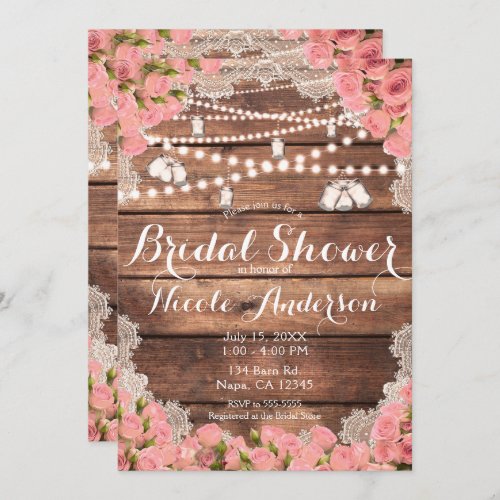 Rustic Wood Lace Pink Roses Elegant Bridal Shower Invitation