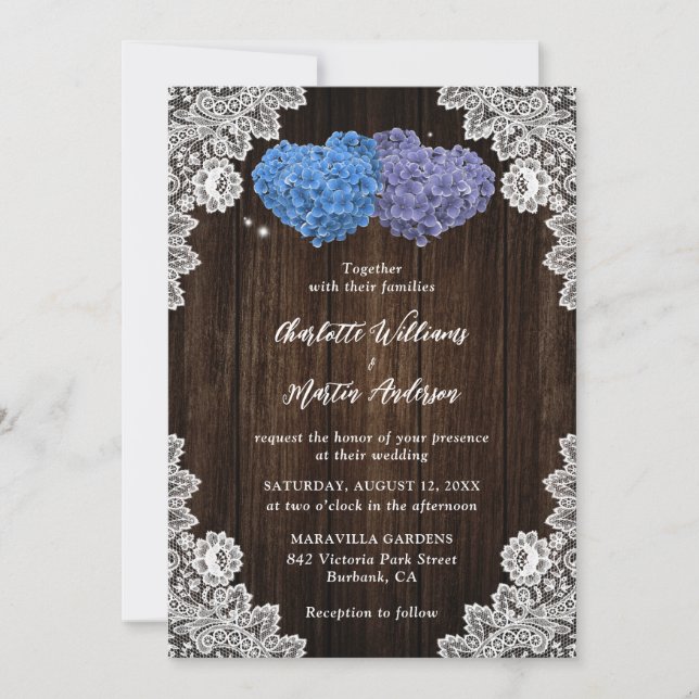 Rustic Wood Lace Purple and Blue Floral Wedding Invitation (Front)