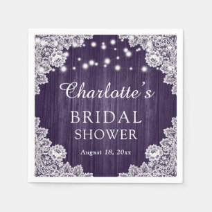 Rustic Wood Lace Purple Bridal Shower Napkins