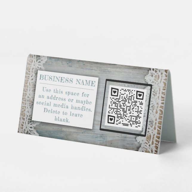 Rustic Wood Lace QR code Custom Logo Contact Info Table Tent (Back)