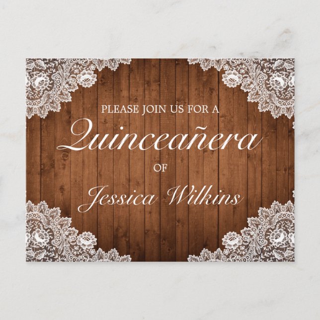 Rustic Wood & Lace Quinceañera Invitation Postcard (Front)