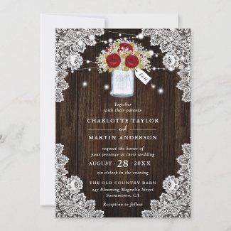 Rustic Wood Lace Red Rose Baby's Breath Wedding Invitation