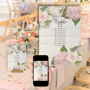 Rustic Wood Lace Rose Hydrangea Table Seating List Invitation