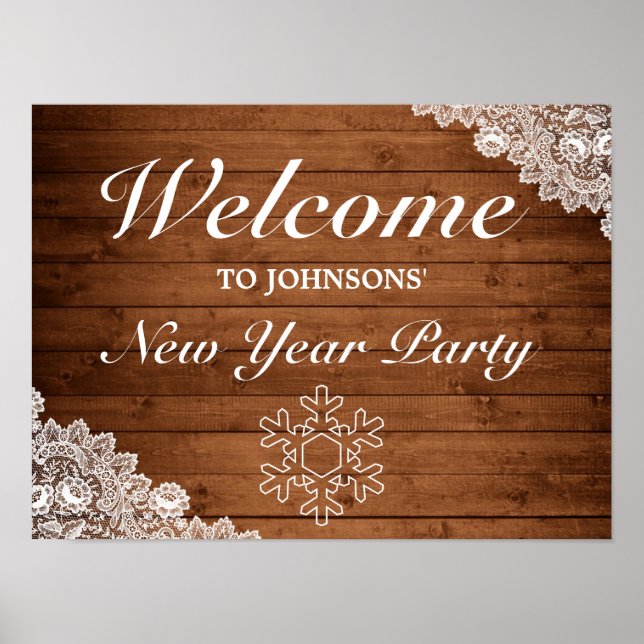 Rustic Wood & Lace Snowflake New Year Welcome Sign (Front)