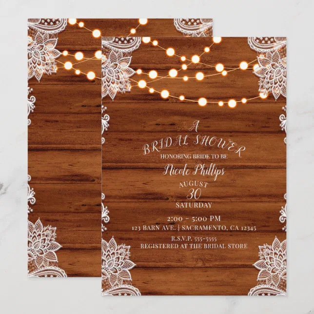 Rustic Wood Lace & String Lights Bridal Shower Invitation | Zazzle