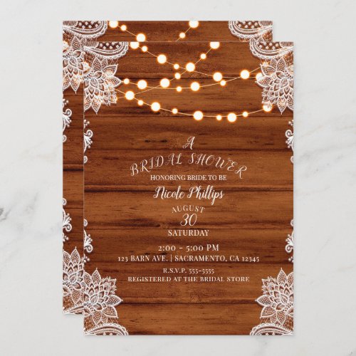 Rustic Wood Lace  String Lights Bridal Shower Invitation