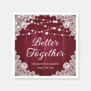 Rustic Wood Lace String Lights Burgundy Wedding Napkins