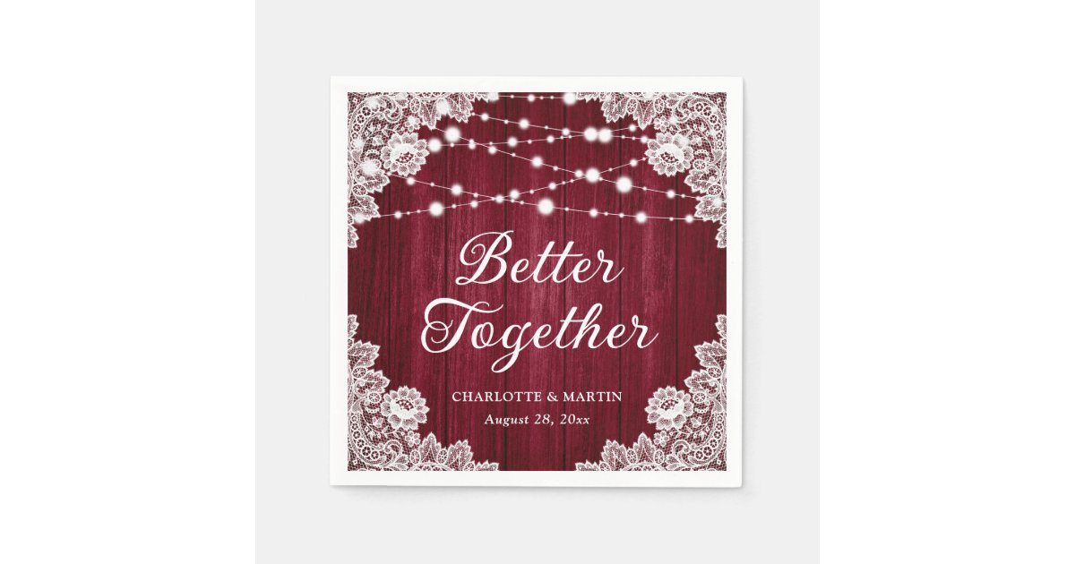 Rustic Wood Lace String Lights Burgundy Wedding Napkins | Zazzle