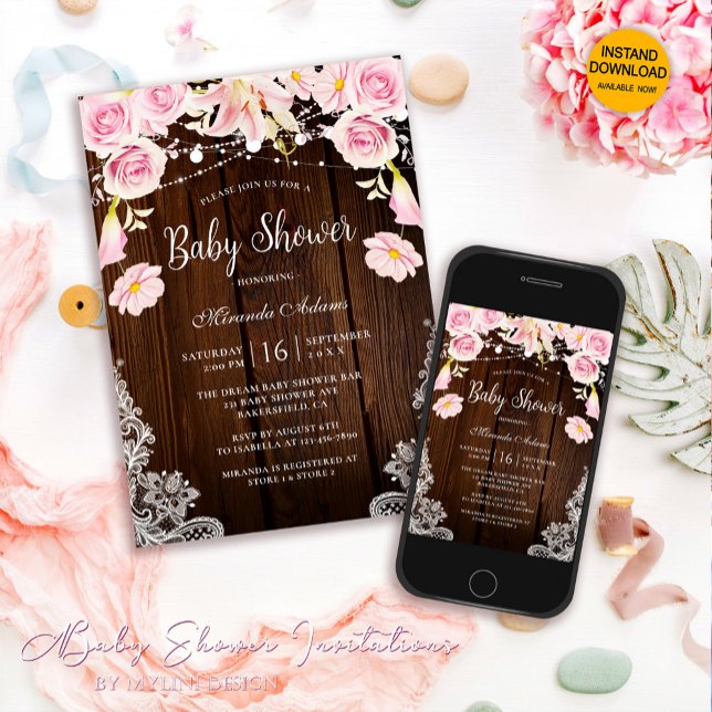 Rustic Wood Lace String Lights Floral Baby Shower Invitation (Creator Uploaded)