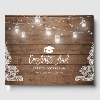 Rustic Wood Lace String Lights Graduate Graduation Guest Book