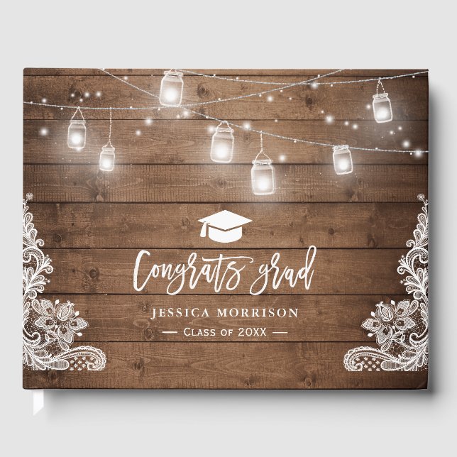 Rustic Wood Lace String Lights Graduate Graduation Guest Book (Front)