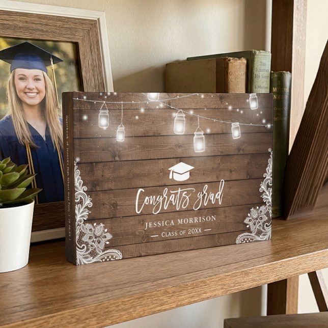 Rustic Wood Lace String Lights Graduate Graduation Guest Book (Creator Uploaded)