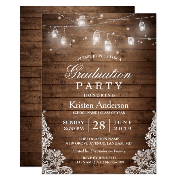 Rustic Wood Lace String Lights Graduation Party Card (front side)