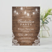 Rustic Wood Lace String Lights Graduation Party Invitation (Standing Front)