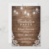 Rustic Wood Lace String Lights Graduation Party Invitation (Front)
