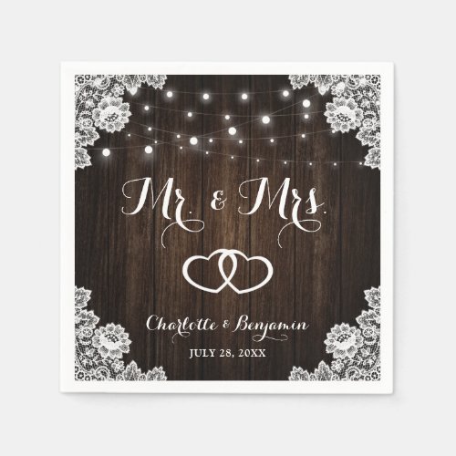 Rustic Wood Lace String Lights Mr and Mrs Wedding Napkins