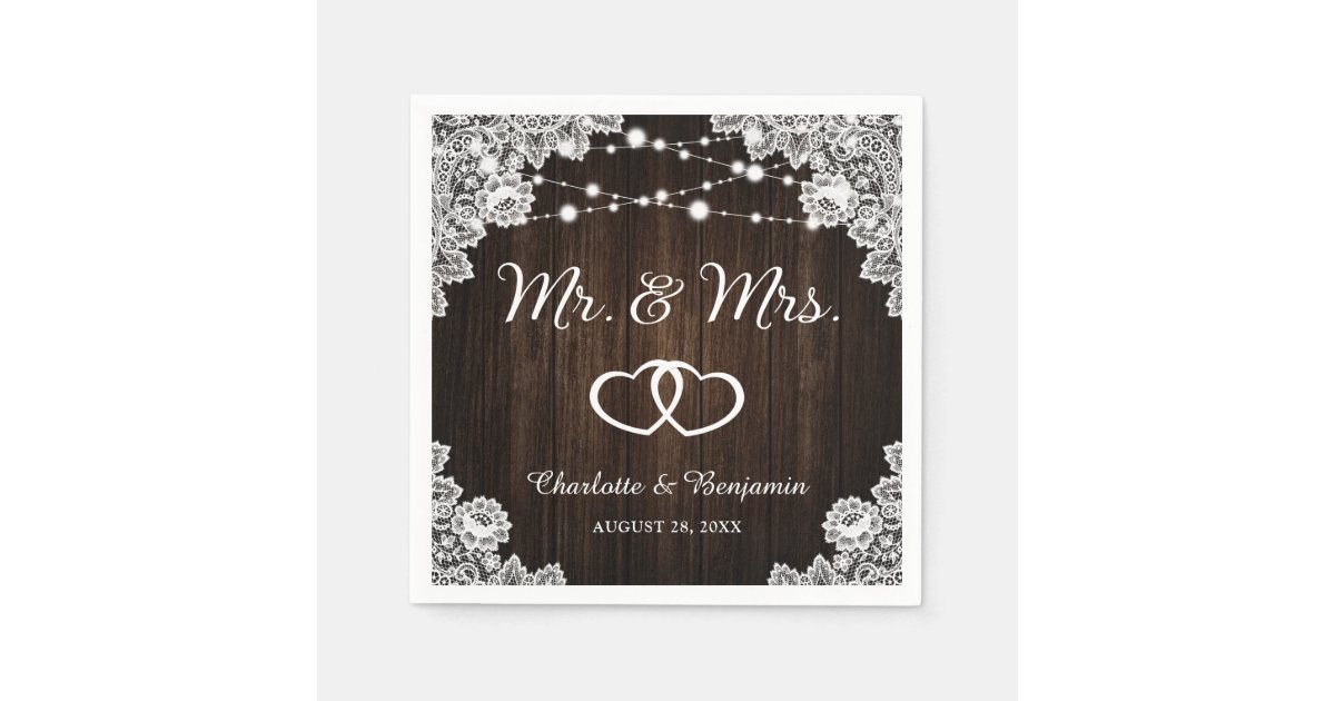 Rustic Wood Lace String Lights Mr and Mrs Wedding Napkins | Zazzle