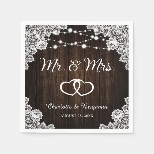 Rustic Wood Lace String Lights Mr and Mrs Wedding Napkins | Zazzle