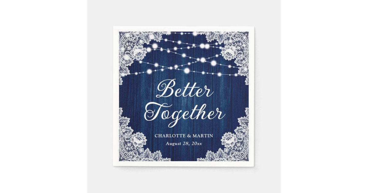 Rustic Wood Lace String Lights Navy Blue Wedding Napkins | Zazzle