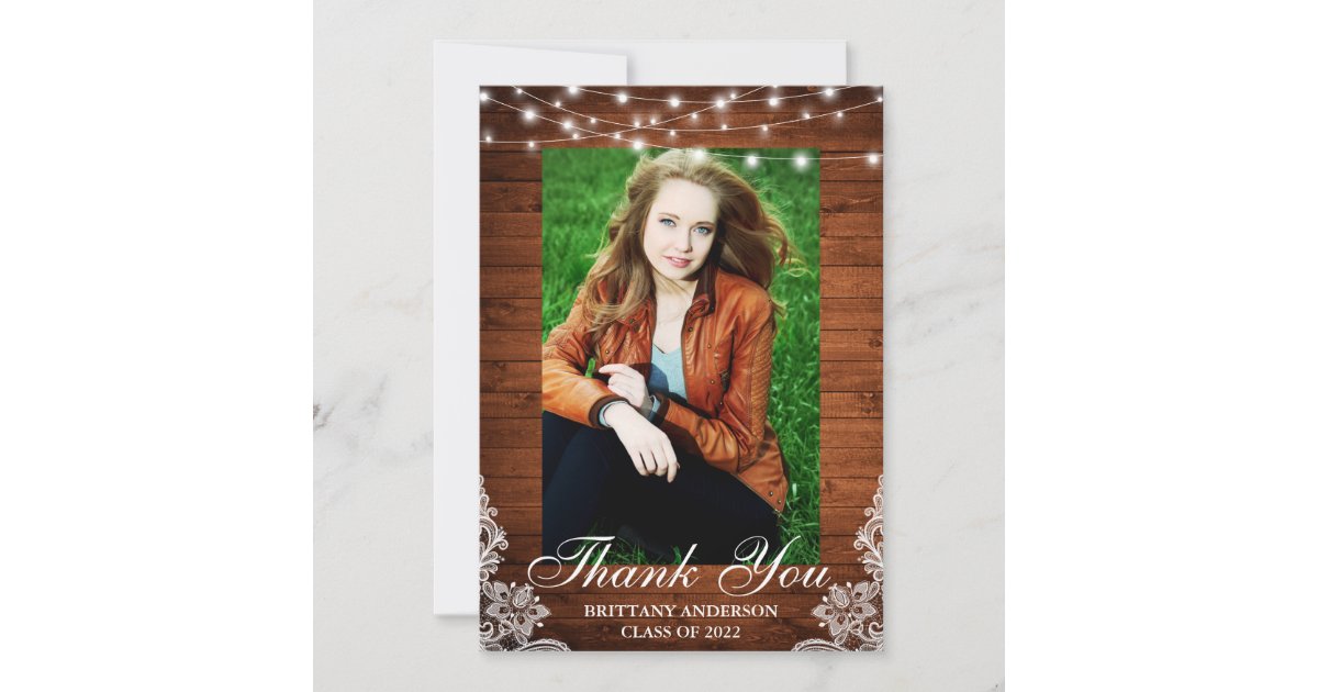 Rustic Wood Lace String Lights Photo Graduation Thank You Card | Zazzle
