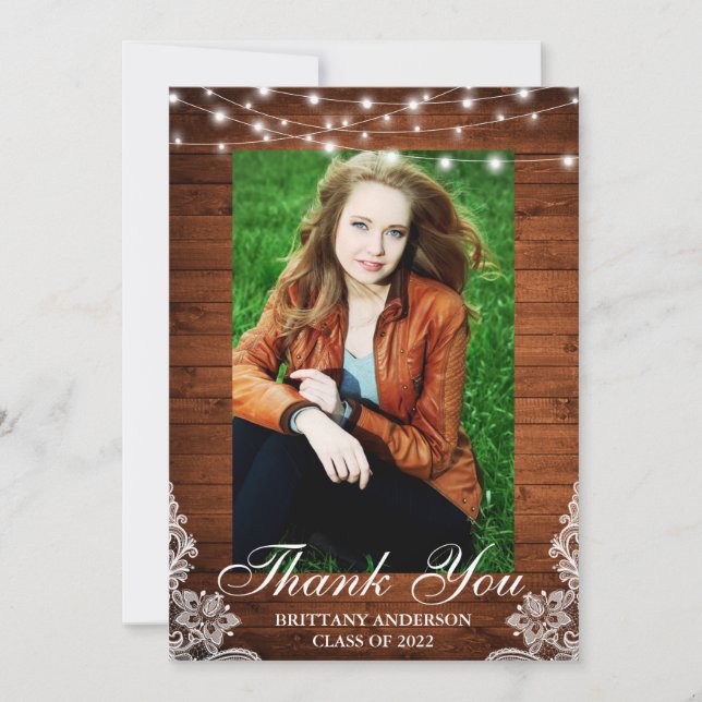 Rustic Wood Lace String Lights Photo Graduation Thank You Card (Front)
