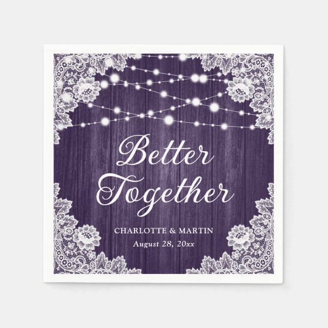 Rustic Wood Lace String Lights Purple Wedding Napkins (Front)