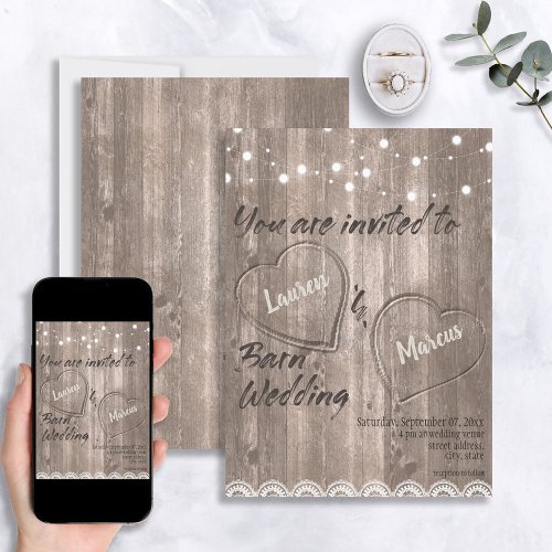 Rustic Wood Lace String Lights Script Wedding Invitation