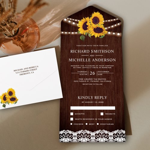 Rustic Wood Lace String Lights Sunflower Wedding All In One Invitation