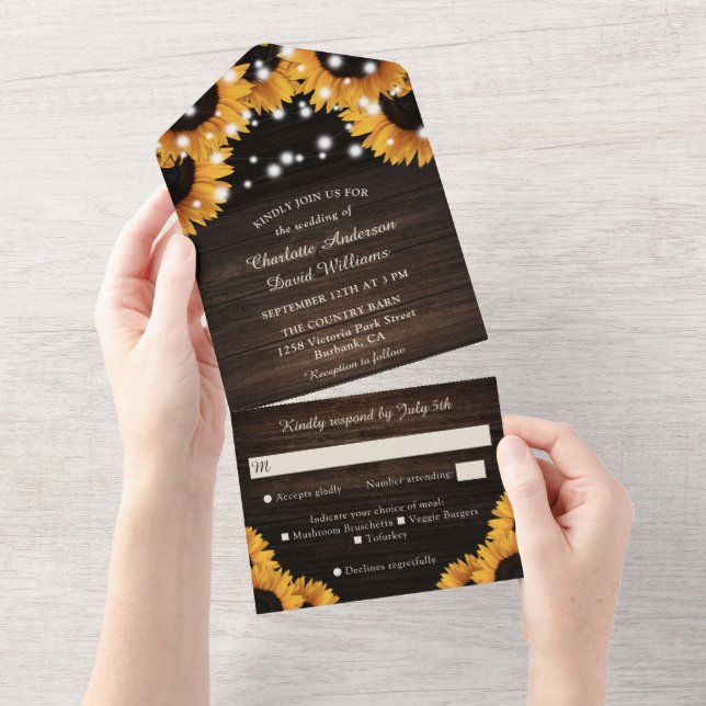 Rustic Wood Lace String Lights Sunflower Wedding All In One Invitation (Tearaway)