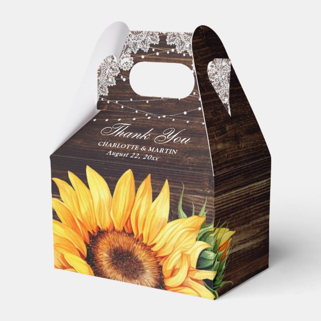 Rustic Wood Lace String Lights Sunflower Wedding Favor Boxes (Front Side)