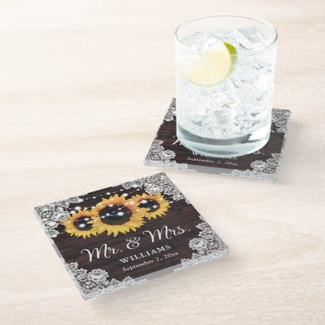 Rustic Wood Lace String Lights Sunflower Wedding Glass Coaster (Angled)