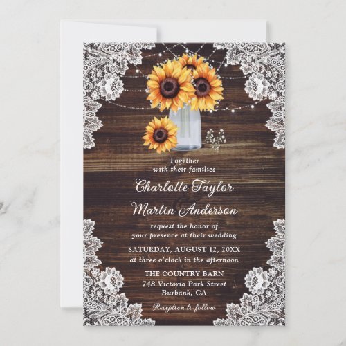 Rustic Wood Lace String Lights Sunflower Wedding Invitation