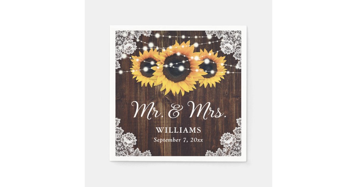 Rustic Wood Lace String Lights Sunflower Wedding Napkins | Zazzle