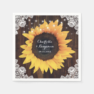 Rustic Wood Lace String Lights Sunflower Wedding Napkins