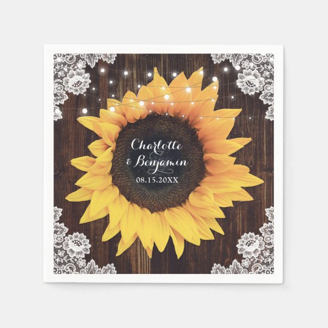 Rustic Wood Lace String Lights Sunflower Wedding Napkins (Front)