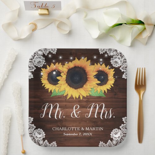 Rustic Wood Lace String Lights Sunflower Wedding Paper Plates