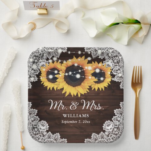 Rustic Wood Lace String Lights Sunflower Wedding Paper Plates