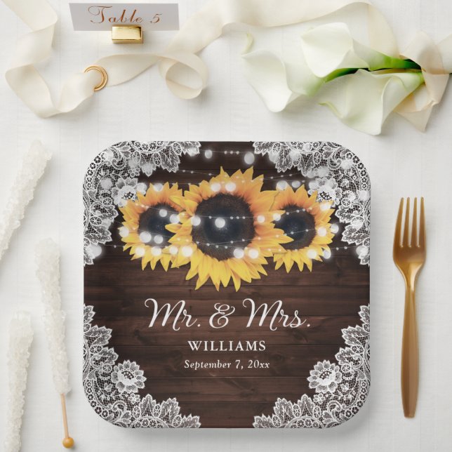 Rustic Wood Lace String Lights Sunflower Wedding Paper Plates (Wedding)