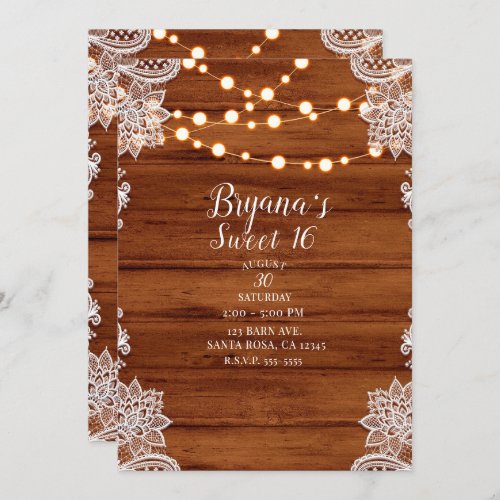 Rustic Wood Lace  String Lights Sweet 16 Party Invitation
