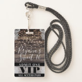 Rustic Wood & Lace String Lights Sweet 16 VIP Pass Badge (Back with Lanyard)
